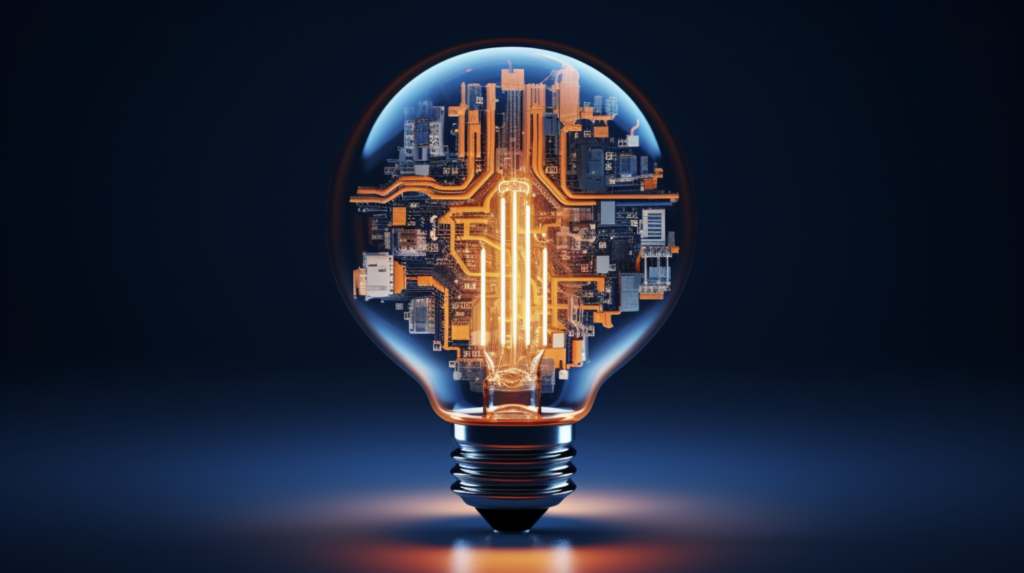 A light bulb with an illuminated filament that intricately merges into a circuit board, glowing with orange and blue tones, symbolizing innovative ideas in technology.
Source: Midjourney